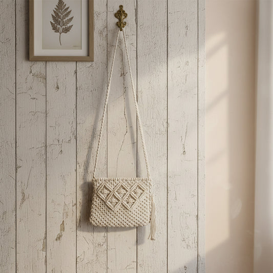 Avoirr Handmade Macrame Crossbody Bag for Women – Boho Cotton Shoulder Purse with Zipper Closure & Tassel, Lightweight Small Travel Festival Handbag