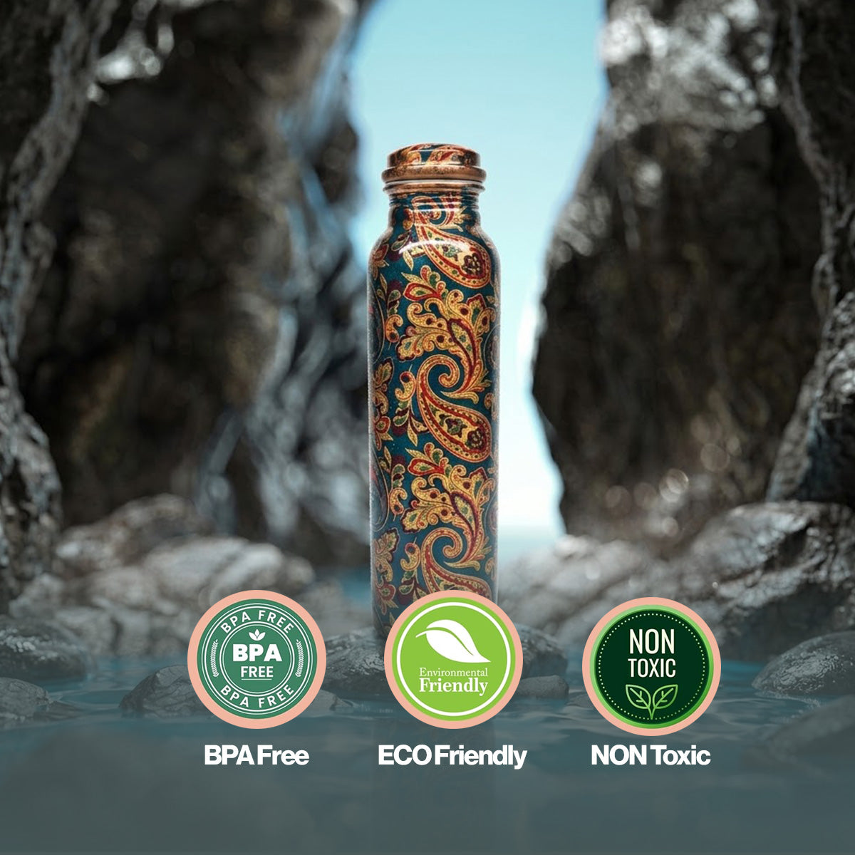 Avoirr Royal Paisley Copper Water Bottle – Pure Copper Ayurvedic Hydration Bottle