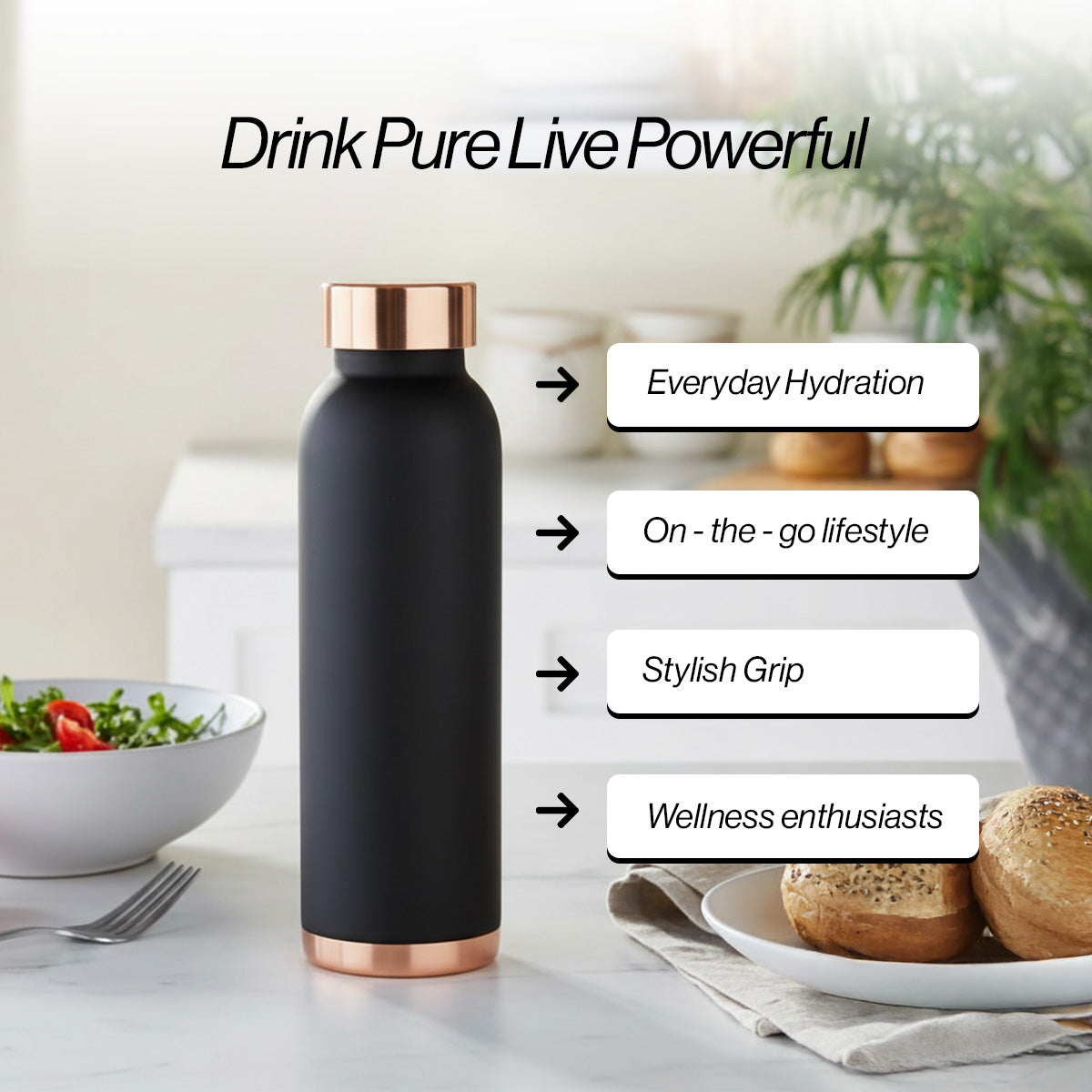 Matte Black Copper Water Bottle – Premium Ayurvedic Hydration | AVOIRR