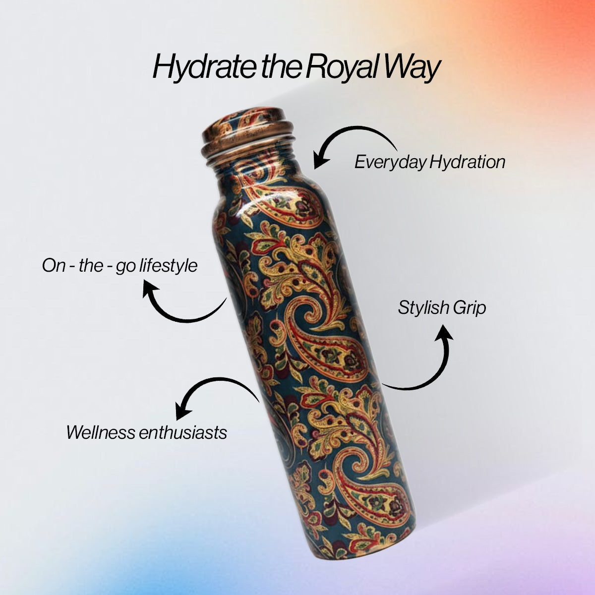 Avoirr Royal Paisley Copper Water Bottle – Pure Copper Ayurvedic Hydration Bottle
