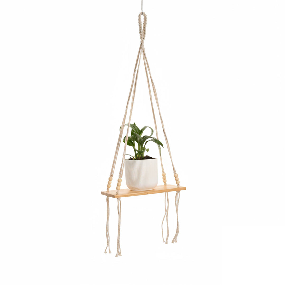 AVOIRR Handmade Macrame Hanging Shelf – Boho Wooden Wall Shelf for Plants & Home Decor
