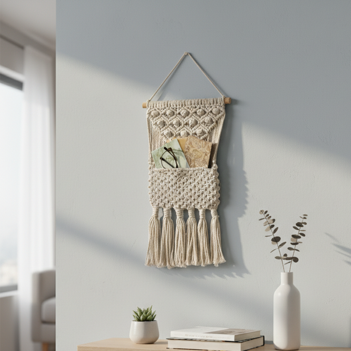 Avoirr Handmade Macrame Magazine Holder Wall Hanging – Boho Cotton Wall Organizer for Magazines, Mail & Newspapers, Decorative Macrame Storage Pocket for Living Room, Bedroom & Office