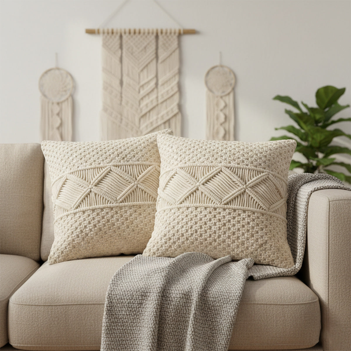 AVOIRR Handmade Macrame Cushion Cover – Boho Decorative Throw Pillow 16x16