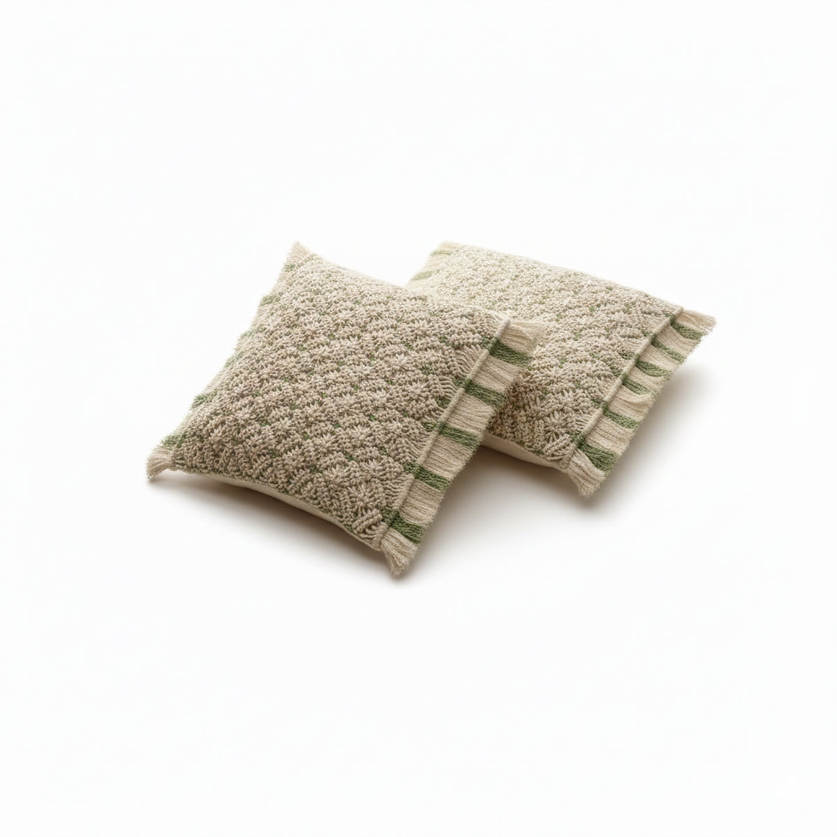 AVOIRR Handmade Macrame Cushion Cover – Natural White & Olive Boho Decorative Pillow 16x16