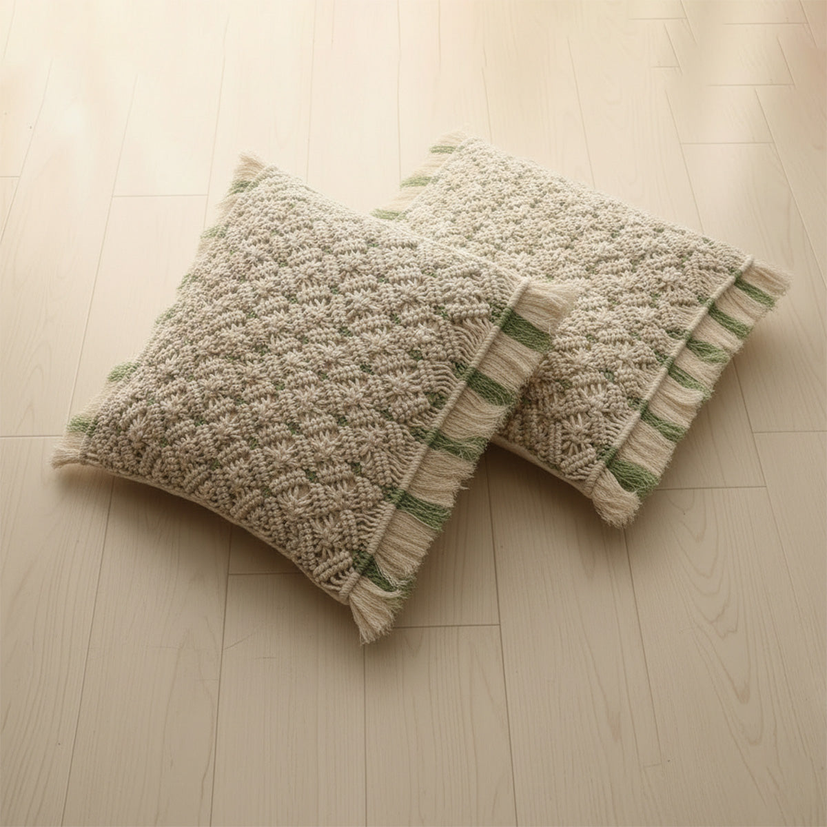 AVOIRR Handmade Macrame Cushion Cover – Natural White & Olive Boho Decorative Pillow 16x16