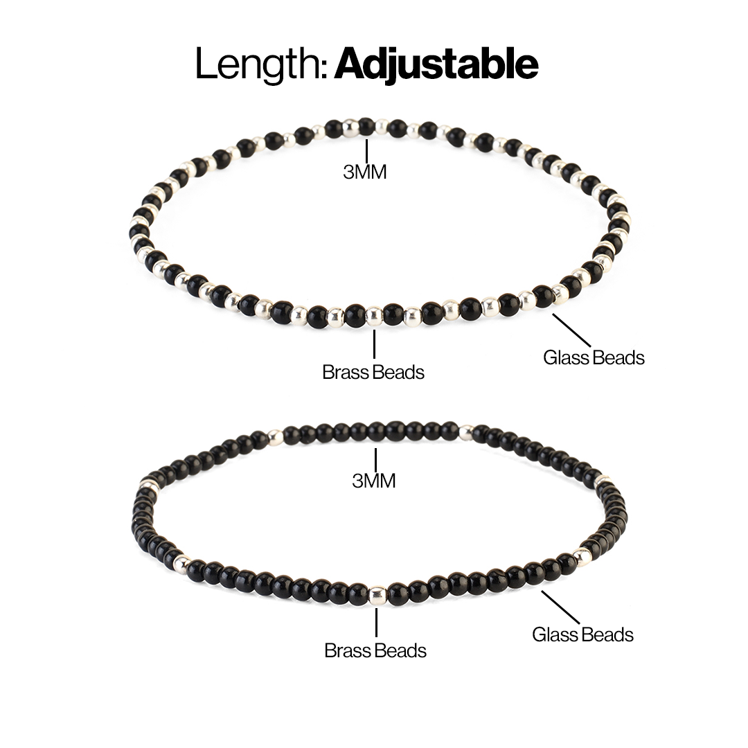 Avoirr Black and Steel Beaded Anklets for Women – Set of 2 | 3mm Glass & Alloy Beads | Handmade Stretchable Ankle Bracelet Fits Size 8–8.5 Inches
