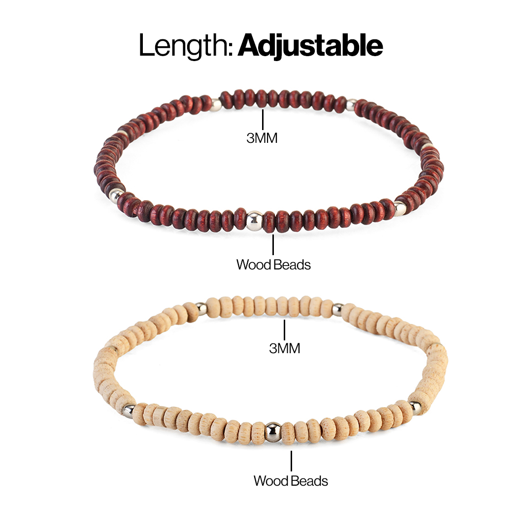 Avoirr Handmade Wooden Anklets Set of two for Women | Natural & Maroon 3mm Beads with Silver Accents | Adjustable 7.5–8 Inch Ankle Bracelet