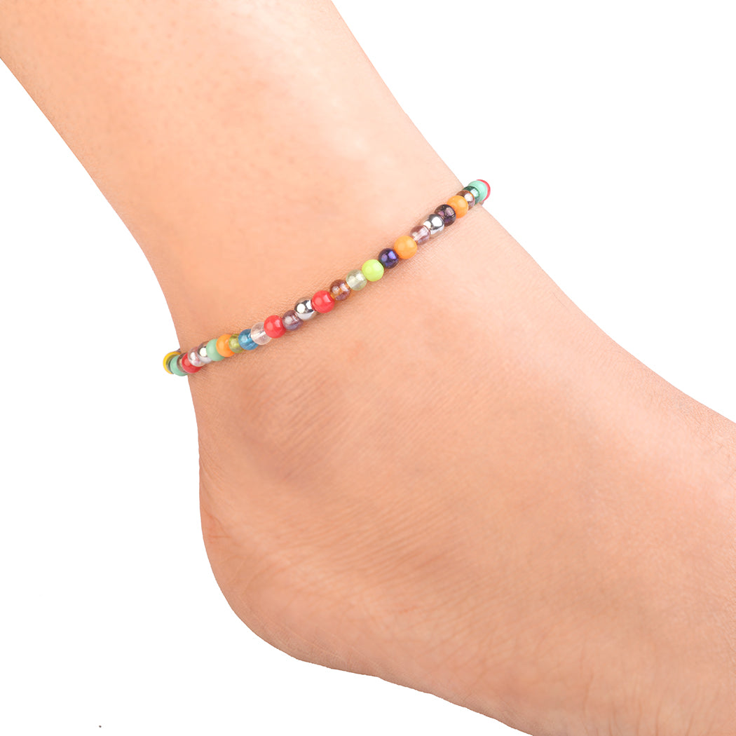 Avoirr Handmade Set of 2 Colorful Beaded Anklets  for Women & Girls – 3mm Glass Beads, Stretchable Elastic Thread, 8 Inch Adjustable Fit