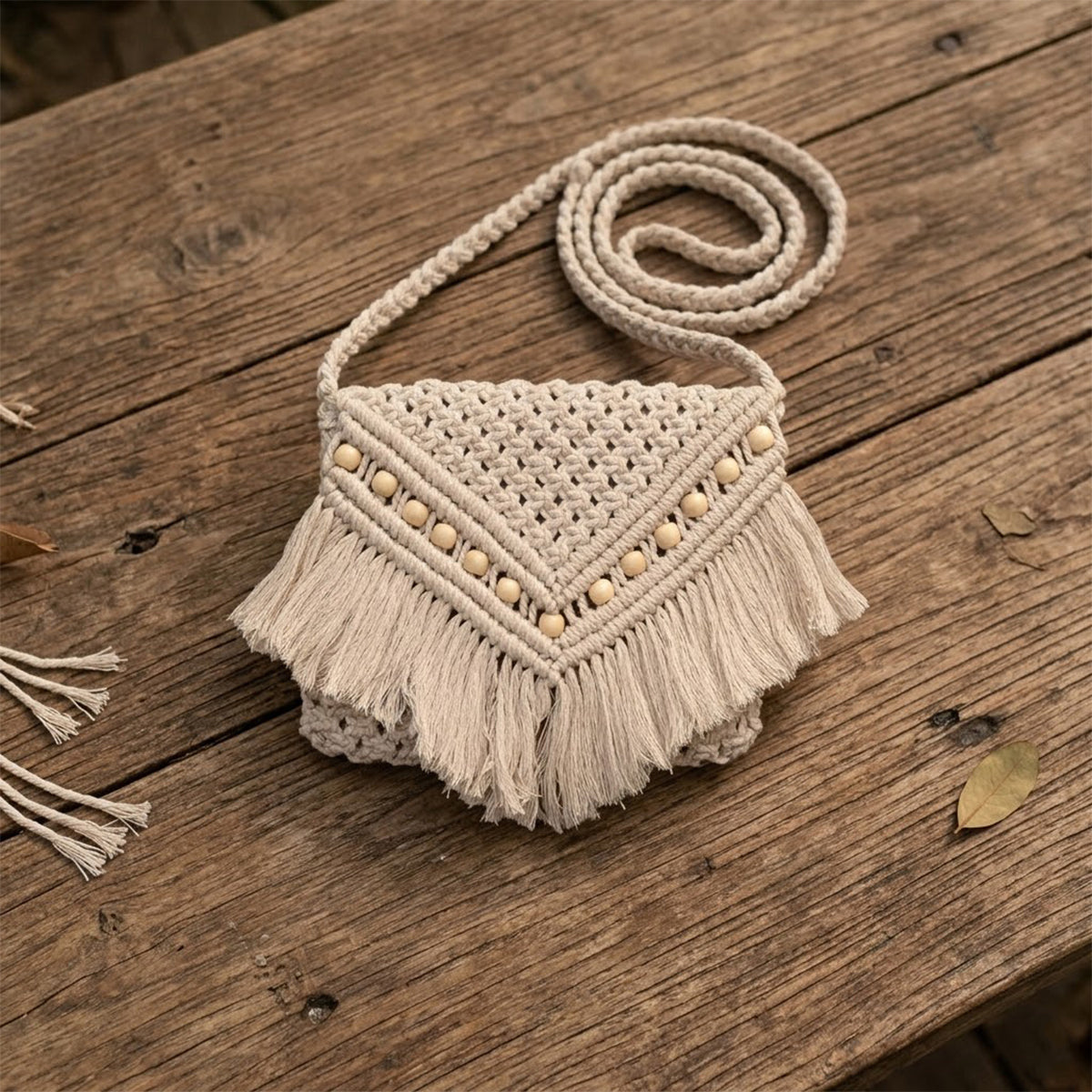 Avoirr Handmade Macrame Purse for Women with Wooden Beads – Boho Crossbody Shoulder Bag, Small Cotton Fringe Handbag, Lightweight Festival Summer Travel Gift