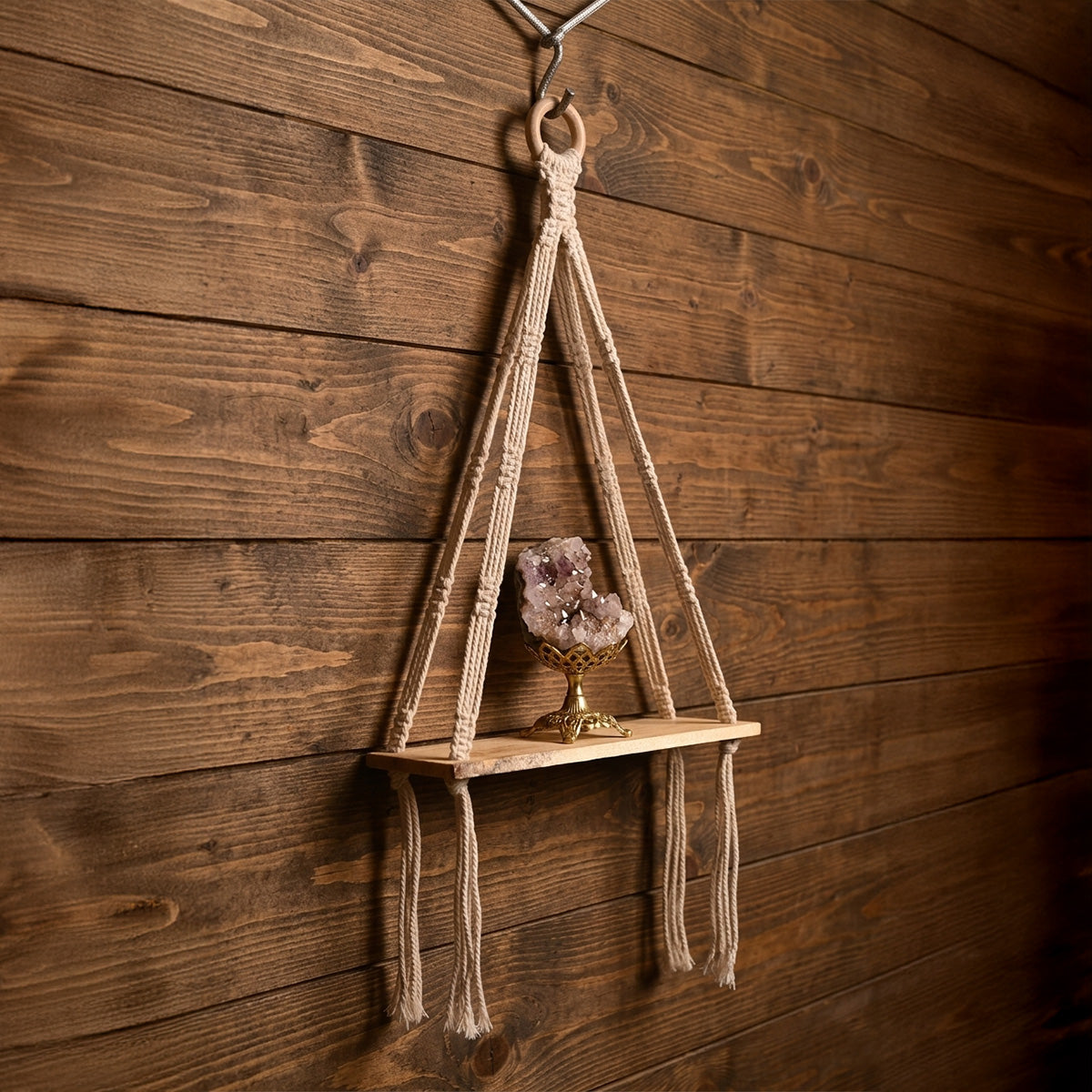 AVOIRR Handmade Macrame Hanging Shelf – Boho Wooden Wall Shelf for Plants & Decor