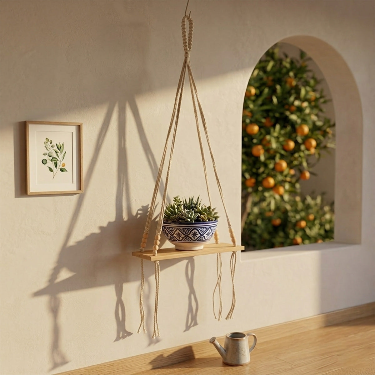 AVOIRR Handmade Macrame Hanging Shelf – Boho Wooden Wall Shelf for Plants & Home Decor