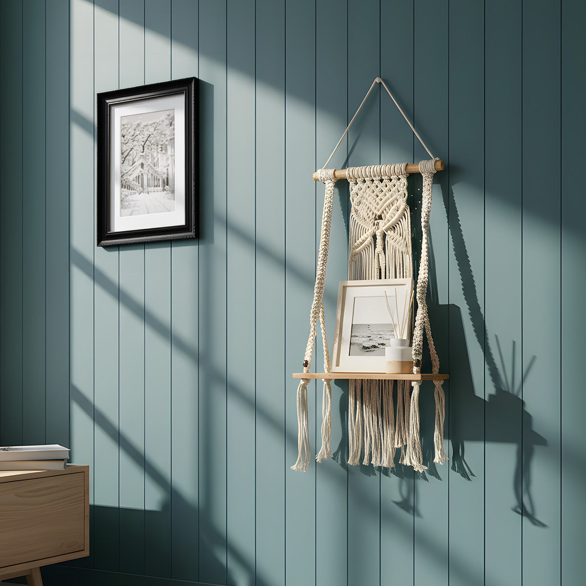 AVOIRR Handmade Macrame Wall Shelf – Boho Hanging Plant Shelf