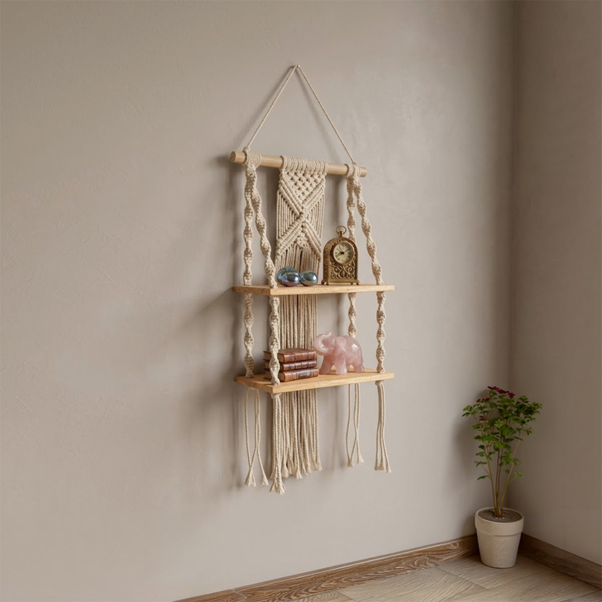 Avoirr Handmade Macrame Wall Shelf | Boho Hanging Wooden Shelf