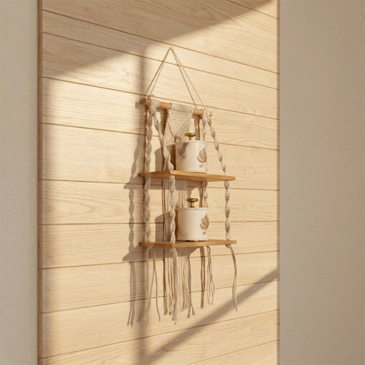 Avoirr Handmade Macrame Wall Shelf | Boho Hanging Wooden Shelf