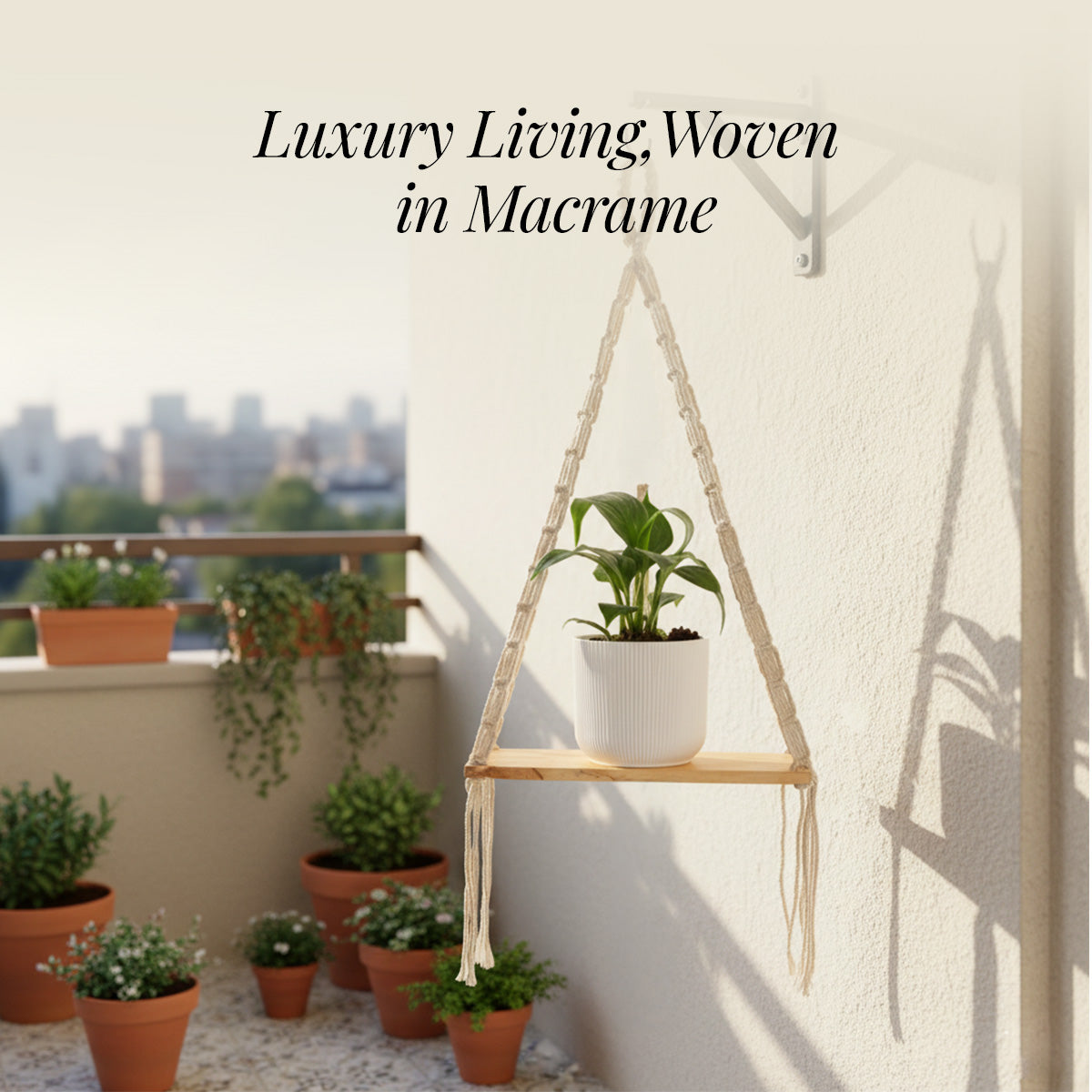 AVOIRR Handmade Macrame Hanging Shelf – Boho Wooden Wall Shelf