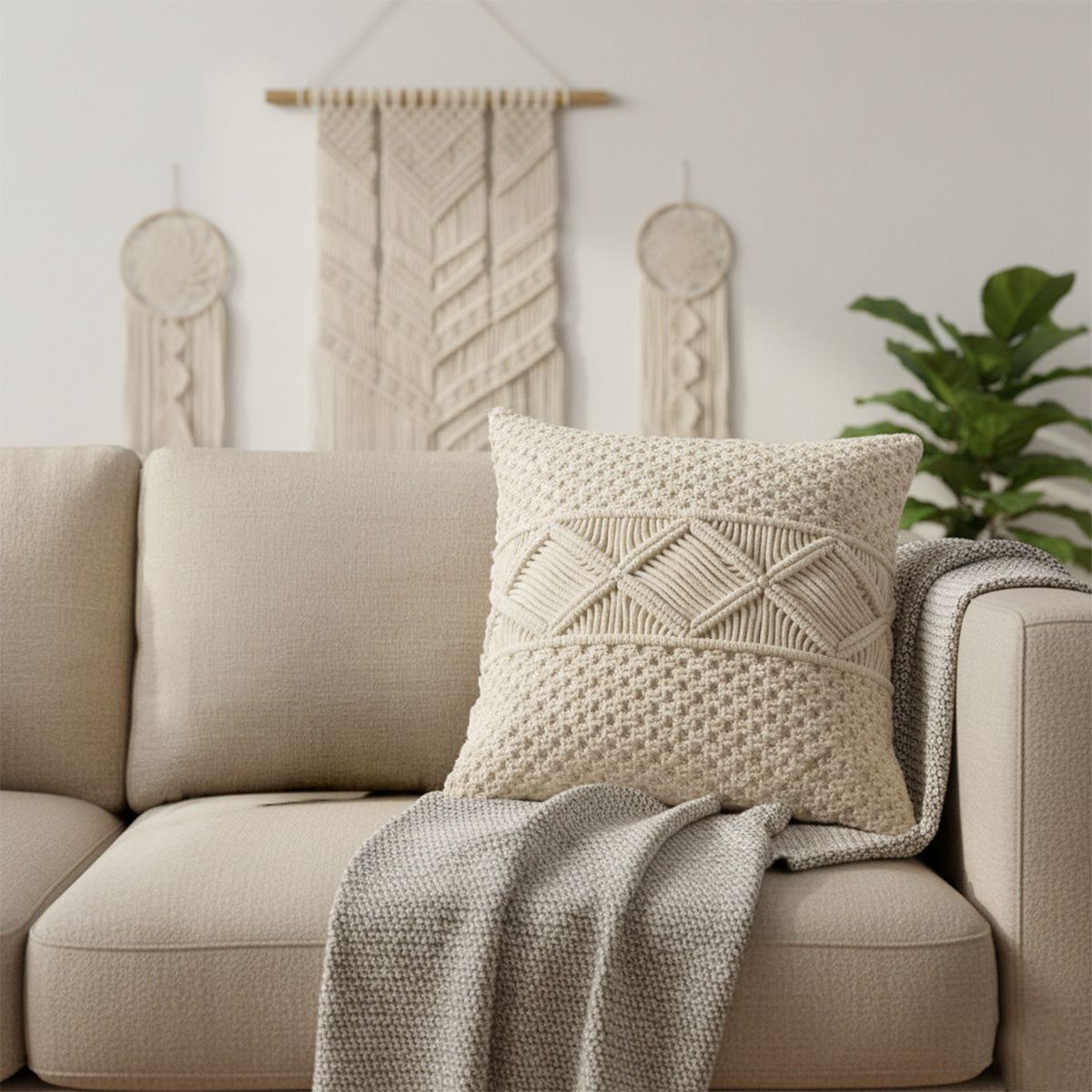 AVOIRR Handmade Macrame Cushion Cover – Boho Decorative Throw Pillow 16x16