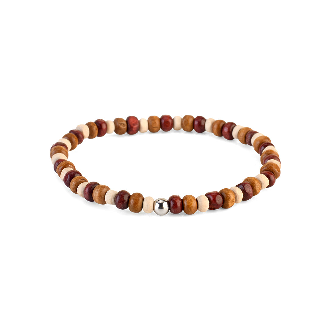 Avoirr Set of 4 Natural Wood Beaded Bracelets for Men & Women – 4mm Handmade Stretchable Wooden Beads in Natural, Tan & Maroon – Unisex Fits (7–7.5 inch)