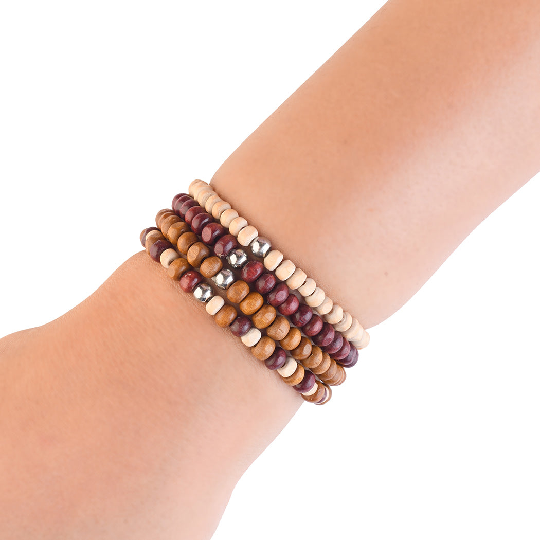 Avoirr Set of 4 Natural Wood Beaded Bracelets for Men & Women – 4mm Handmade Stretchable Wooden Beads in Natural, Tan & Maroon – Unisex Fits (7–7.5 inch)