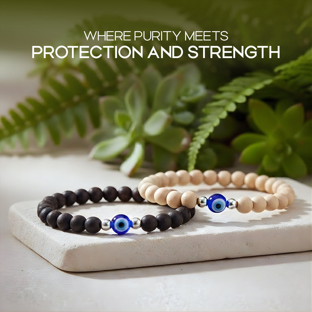 Avoirr Natural Wood & Ebonywood Evil Eye Beaded Bracelet Set – 6mm Handmade Protection Bracelets for Men & Women, Stretchable Unisex Wooden Jewelry, Spiritual Energy Wristband 6–6.5 inch