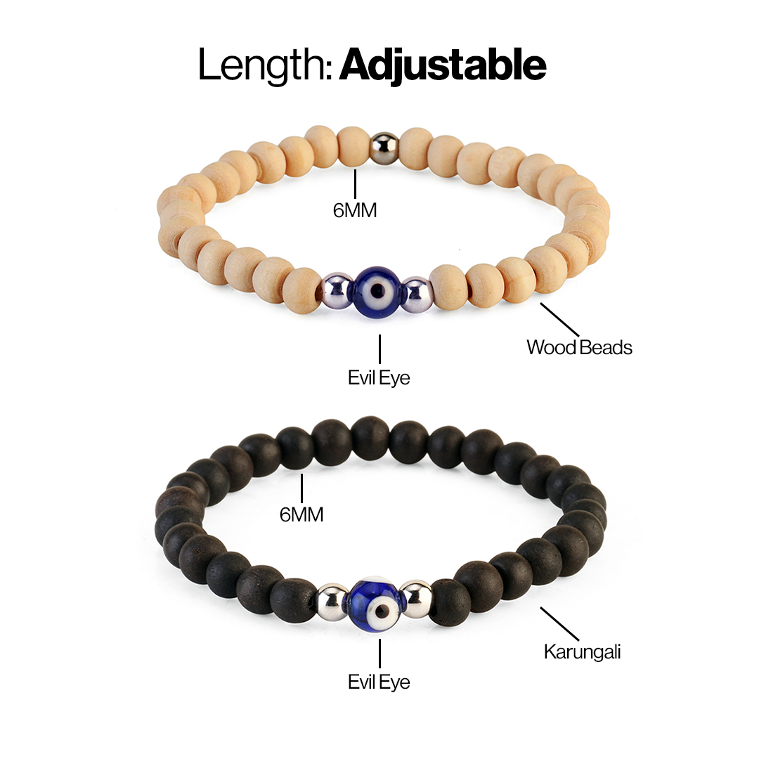 Avoirr Natural Wood & Ebonywood Evil Eye Beaded Bracelet Set – 6mm Handmade Protection Bracelets for Men & Women, Stretchable Unisex Wooden Jewelry, Spiritual Energy Wristband 6–6.5 inch