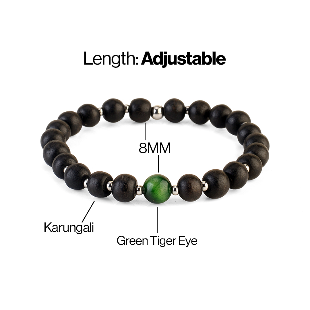 Avoirr 8mm Ebonywood & Green Tiger Eye Beaded Bracelet – Handmade Natural Semi-Precious Stone Jewelry for Men & Women, Stretch Fit 6.75 Inches for Medium Wrist