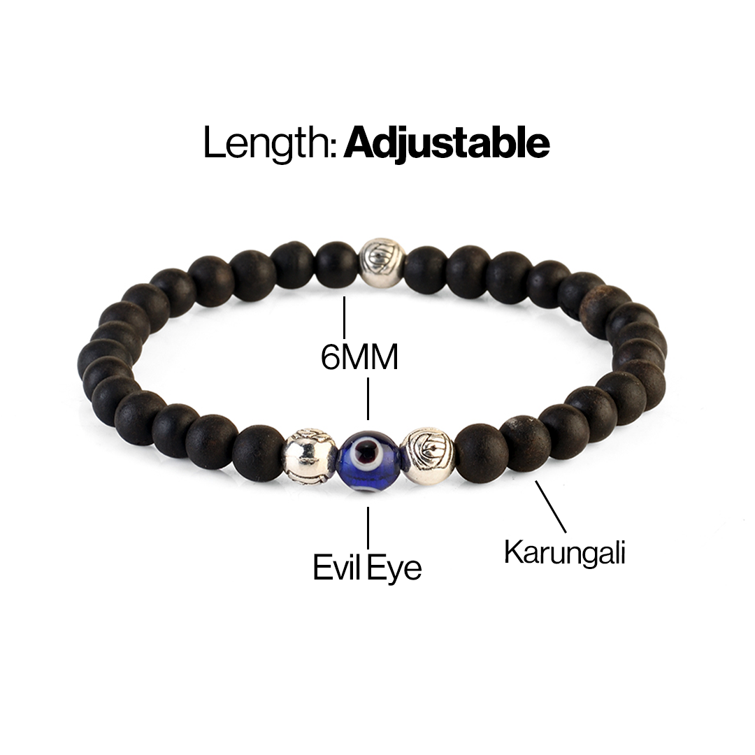Avoirr 6mm Karungali/Ebonywood & Evil Eye Bracelet – Handmade Natural Beaded Protection Jewelry for Men & Women, Stretch Fit 6.75 Inches for Medium Wrists
