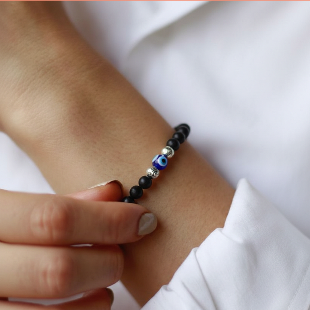 Avoirr 6mm Karungali/Ebonywood & Evil Eye Bracelet – Handmade Natural Beaded Protection Jewelry for Men & Women, Stretch Fit 6.75 Inches for Medium Wrists