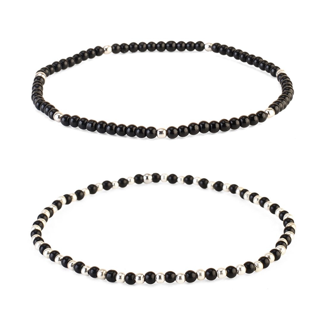 Avoirr Black and Steel Beaded Anklets for Women – Set of 2 | 3mm Glass & Alloy Beads | Handmade Stretchable Ankle Bracelet Fits Size 8–8.5 Inches