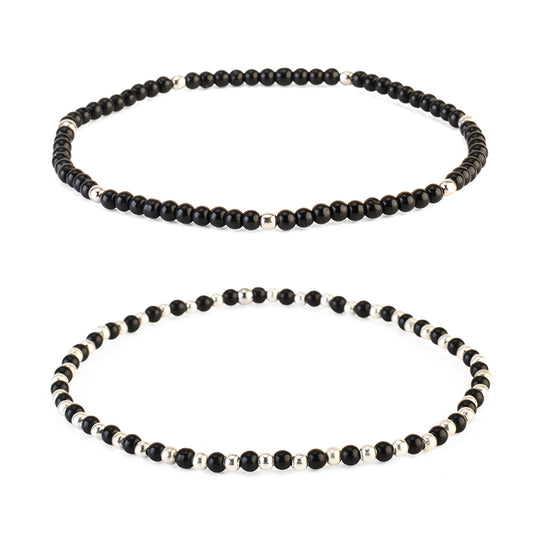 Avoirr Black and Steel Beaded Anklets for Women – Set of 2 | 3mm Glass & Alloy Beads | Handmade Stretchable Ankle Bracelet Fits Size 8–8.5 Inches