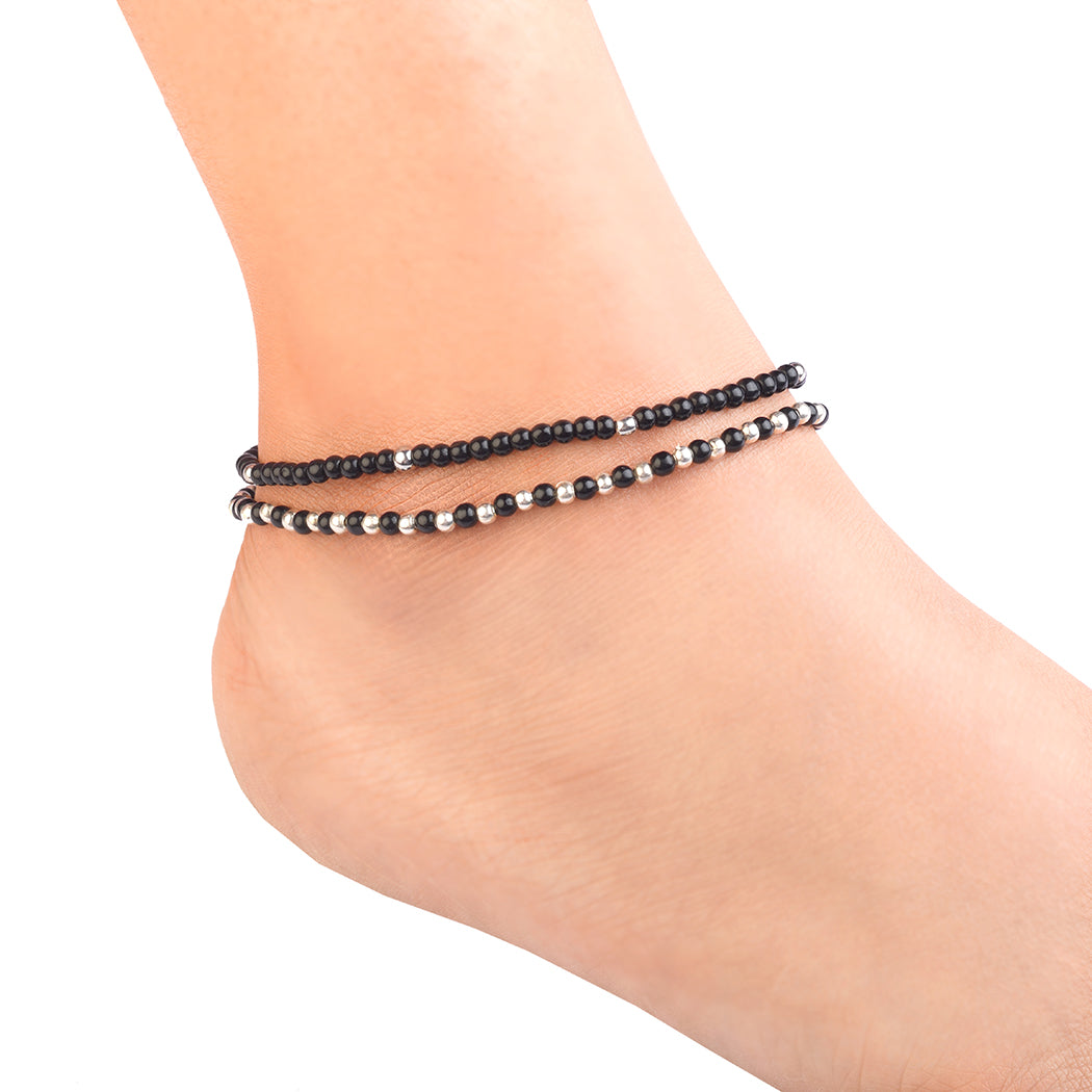 Avoirr Black and Steel Beaded Anklets for Women – Set of 2 | 3mm Glass & Alloy Beads | Handmade Stretchable Ankle Bracelet Fits Size 8–8.5 Inches