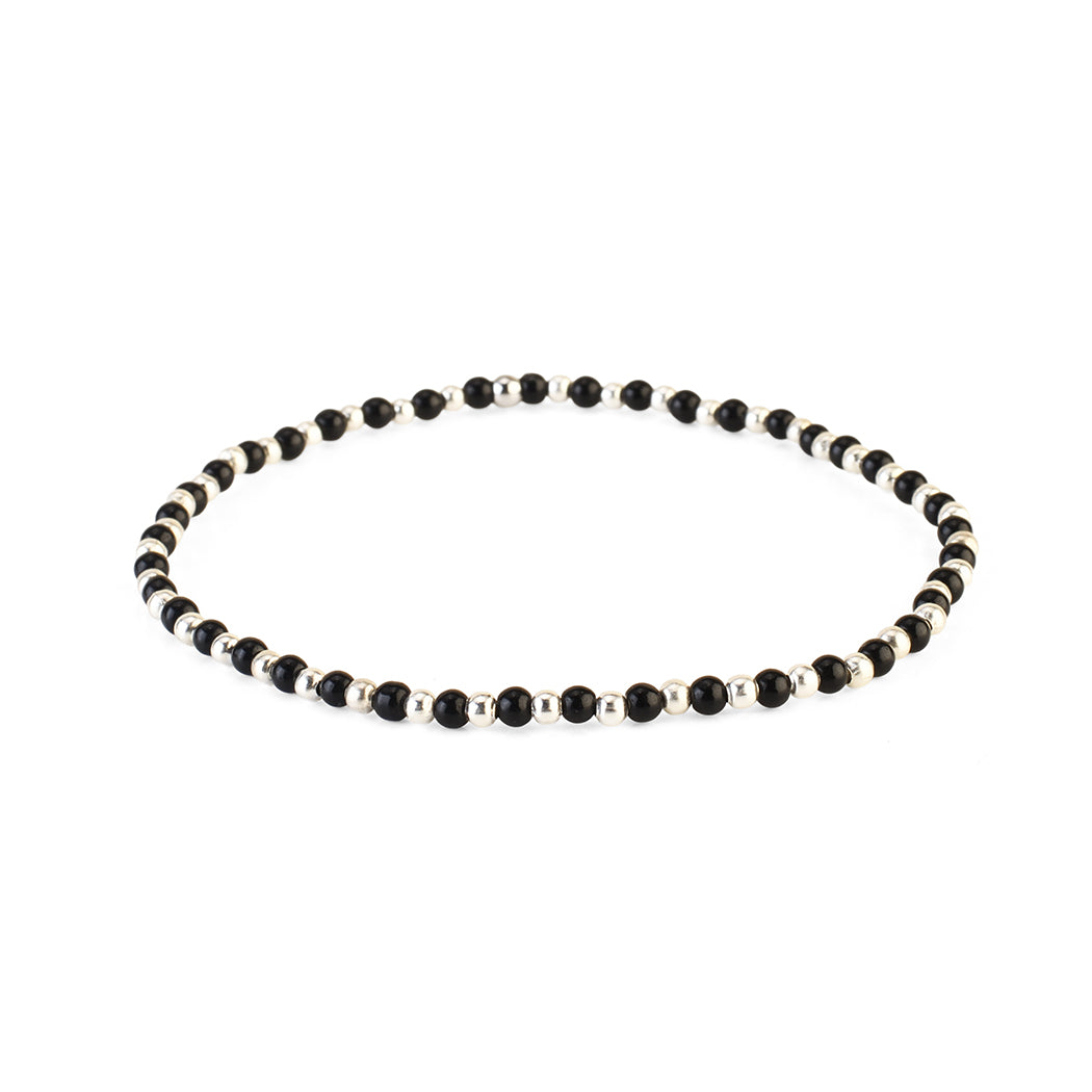 Avoirr Black and Steel Beaded Anklets for Women – Set of 2 | 3mm Glass & Alloy Beads | Handmade Stretchable Ankle Bracelet Fits Size 8–8.5 Inches