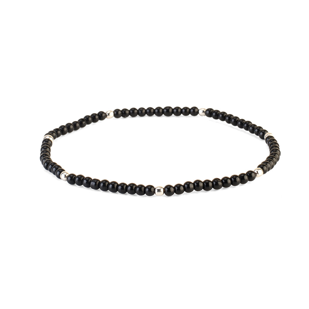 Avoirr Black and Steel Beaded Anklets for Women – Set of 2 | 3mm Glass & Alloy Beads | Handmade Stretchable Ankle Bracelet Fits Size 8–8.5 Inches