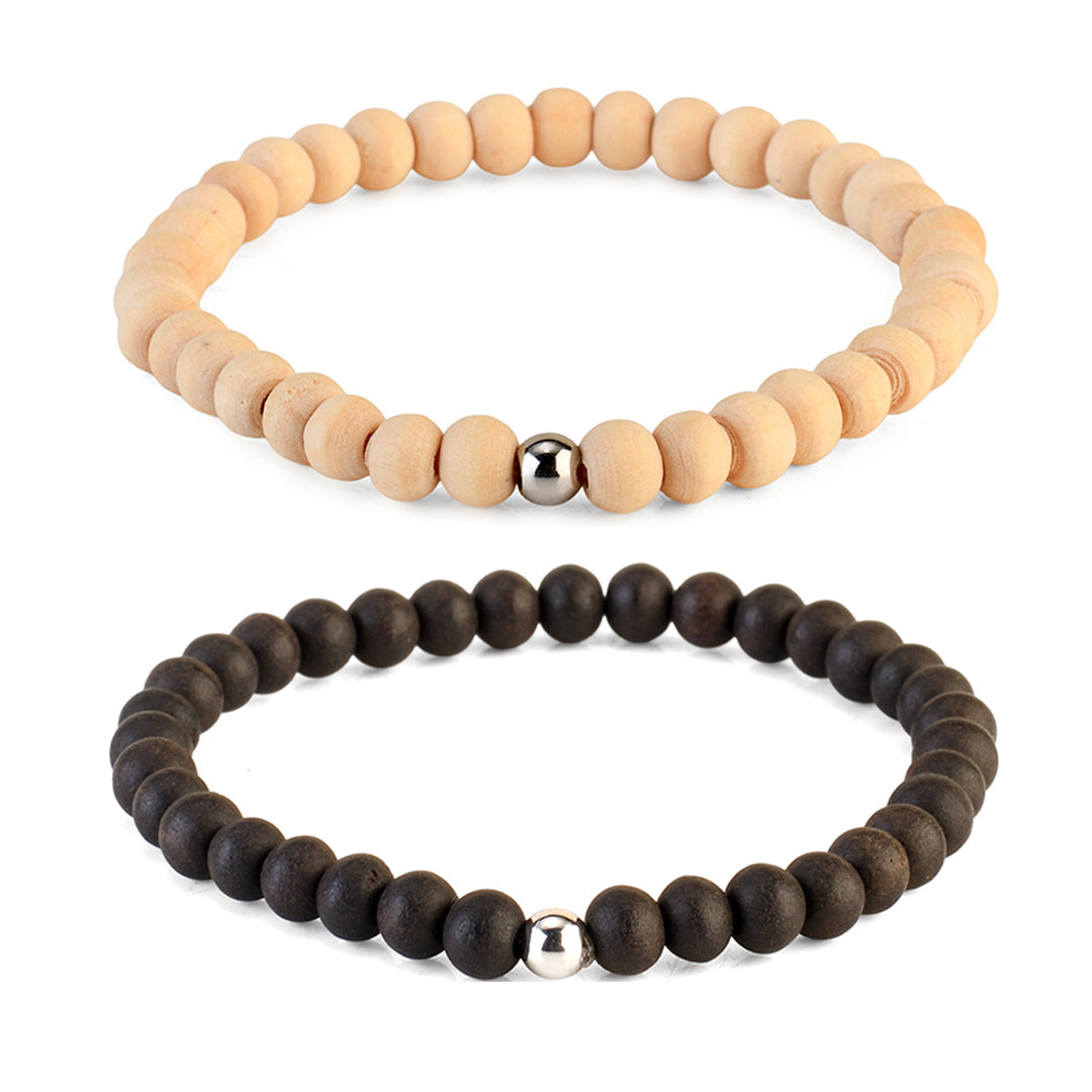 Avoirr Natural Wood & Ebonywood Beaded Bracelets Set of 2 – 6mm Handmade Stretch Bracelets for Men & Women, Yoga Meditation Energy Bracelets, Size 6.5–7 Inches Medium Wrist