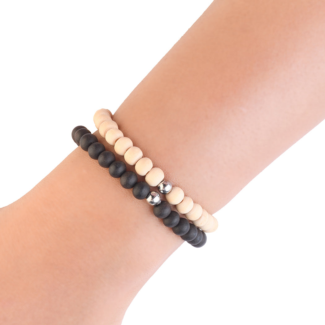 Avoirr Natural Wood & Ebonywood Beaded Bracelets Set of 2 – 6mm Handmade Stretch Bracelets for Men & Women, Yoga Meditation Energy Bracelets, Size 6.5–7 Inches Medium Wrist