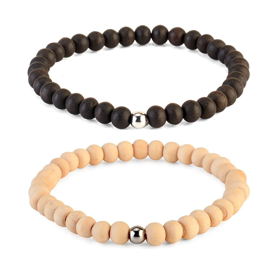 Avoirr Natural Wood & Ebonywood Beaded Bracelets Set of 2 – 6mm Handmade Stretch Bracelets for Men & Women, Yoga Meditation Energy Bracelets, Size 6.5–7 Inches Medium Wrist