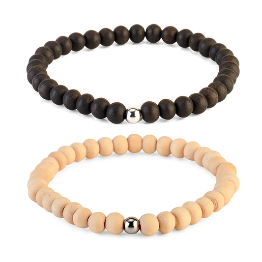 Avoirr Natural Wood & Ebonywood Beaded Bracelets Set of 2 – 6mm Handmade Stretch Bracelets for Men & Women, Yoga Meditation Energy Bracelets, Size 6.5–7 Inches Medium Wrist