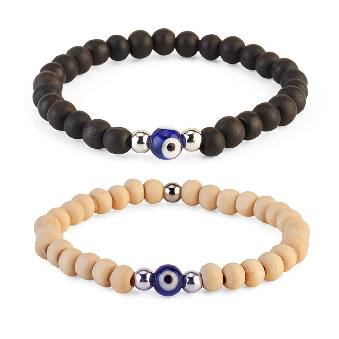 Avoirr Natural Wood & Ebonywood Evil Eye Beaded Bracelet Set – 6mm Handmade Protection Bracelets for Men & Women, Stretchable Unisex Wooden Jewelry, Spiritual Energy Wristband 6–6.5 inch