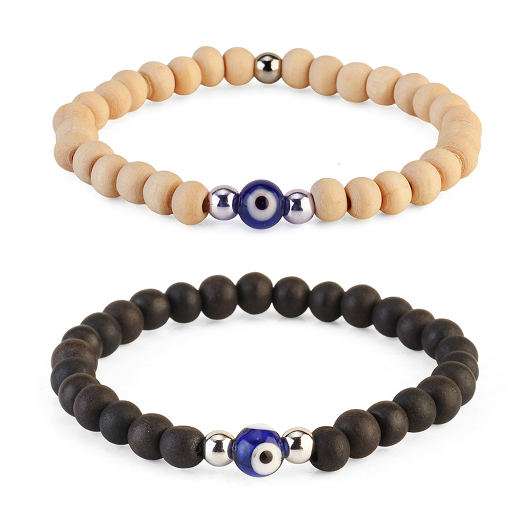Avoirr Natural Wood & Ebonywood Evil Eye Beaded Bracelet Set – 6mm Handmade Protection Bracelets for Men & Women, Stretchable Unisex Wooden Jewelry, Spiritual Energy Wristband 6–6.5 inch