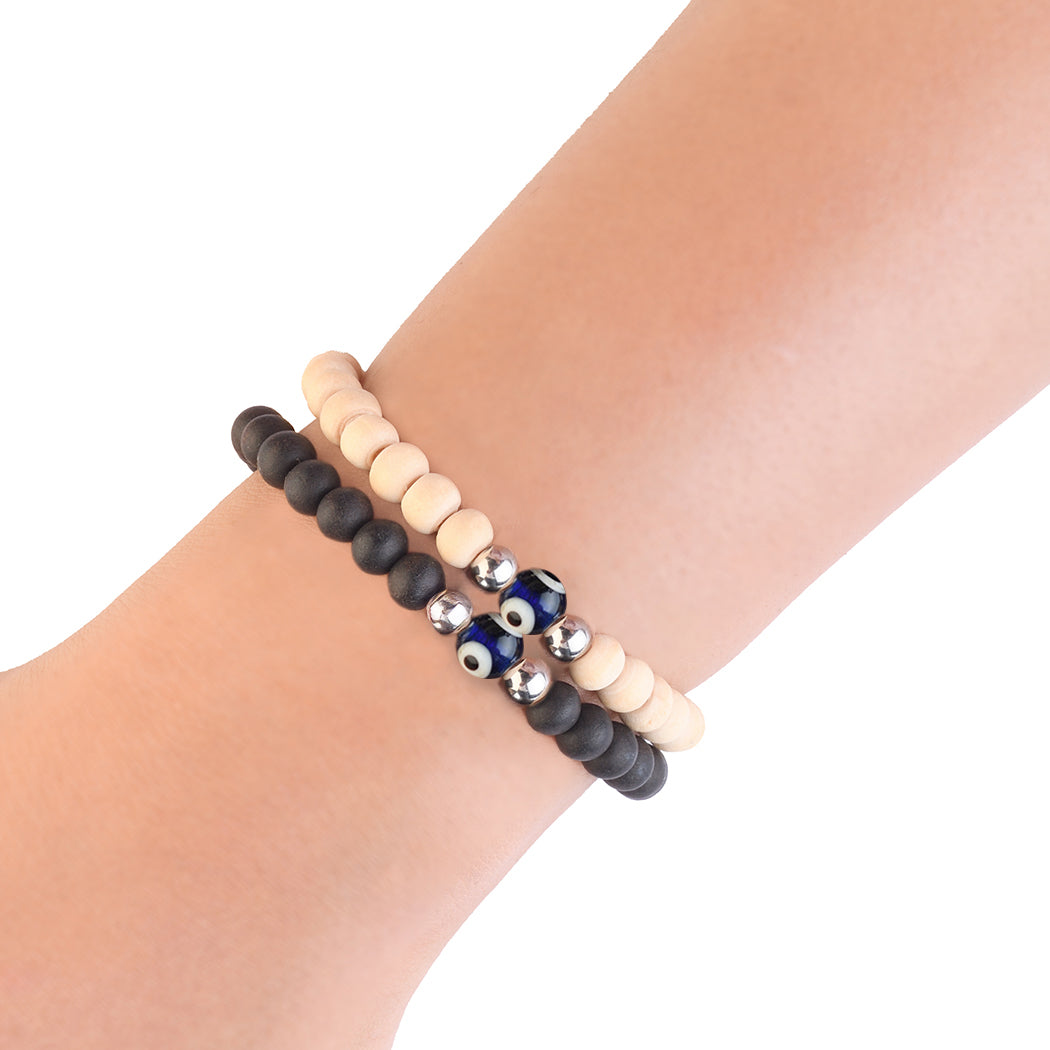 Avoirr Natural Wood & Ebonywood Evil Eye Beaded Bracelet Set – 6mm Handmade Protection Bracelets for Men & Women, Stretchable Unisex Wooden Jewelry, Spiritual Energy Wristband 6–6.5 inch