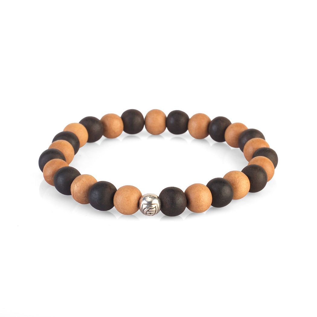 Avoirr Handmade Bracelets Set of 2 – 8mm Round Beads Ebonywood & White Sandalwood | White & Red Sandalwood Beads – Handmade Wooden Beaded Bracelets for Men & Women,  6.5 –7 Inches Medium