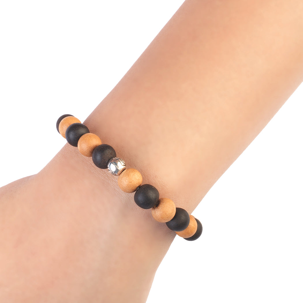 Avoirr Handmade Bracelets Set of 2 – 8mm Round Beads Ebonywood & White Sandalwood | White & Red Sandalwood Beads – Handmade Wooden Beaded Bracelets for Men & Women,  6.5 –7 Inches Medium