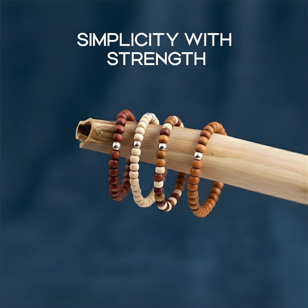Avoirr Set of 4 Natural Wood Beaded Bracelets for Men & Women – 4mm Handmade Stretchable Wooden Beads in Natural, Tan & Maroon  – Unisex Fits (6–6.5 inch)