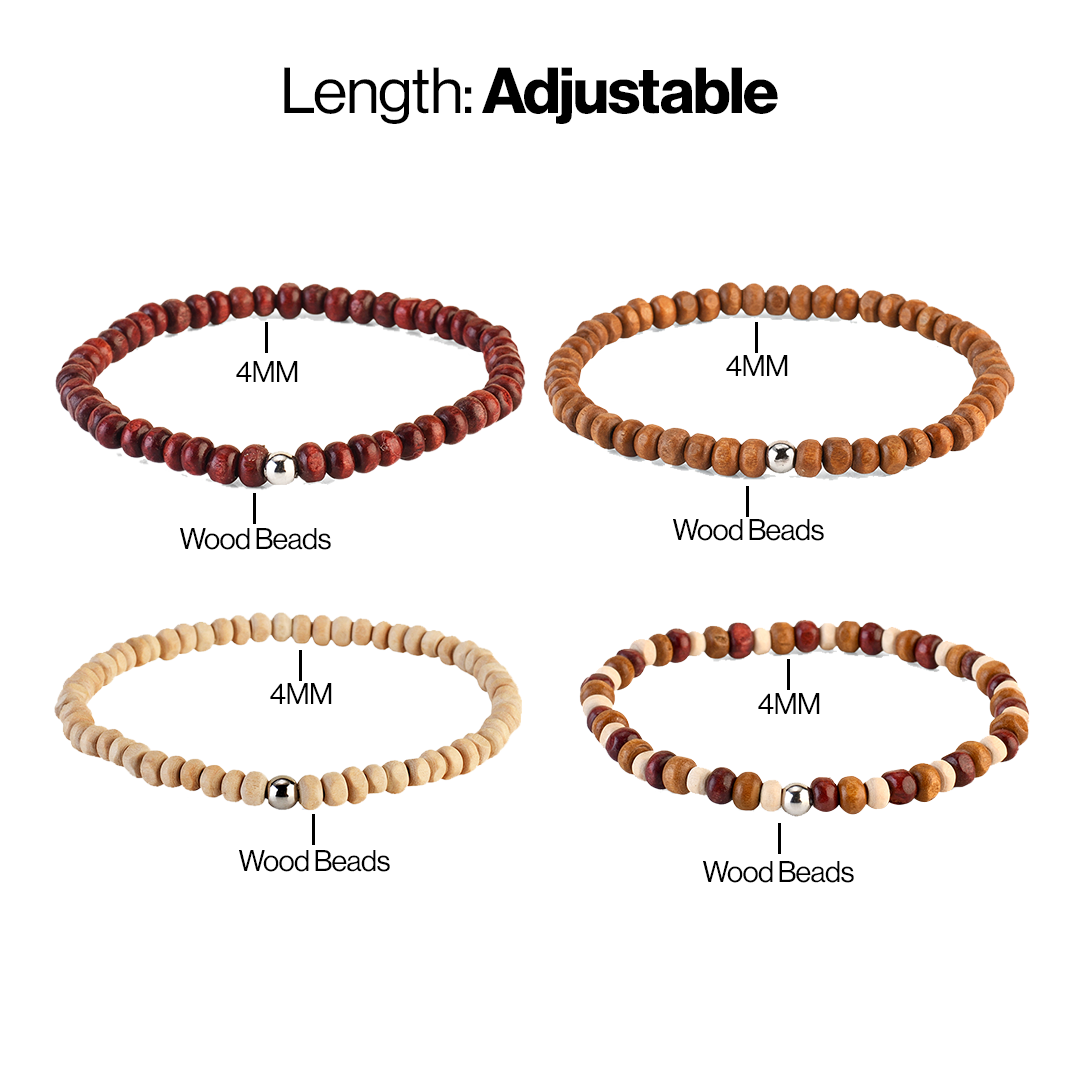 Avoirr Set of 4 Natural Wood Beaded Bracelets for Men & Women – 4mm Handmade Stretchable Wooden Beads in Natural, Tan & Maroon  – Unisex Fits (6–6.5 inch)