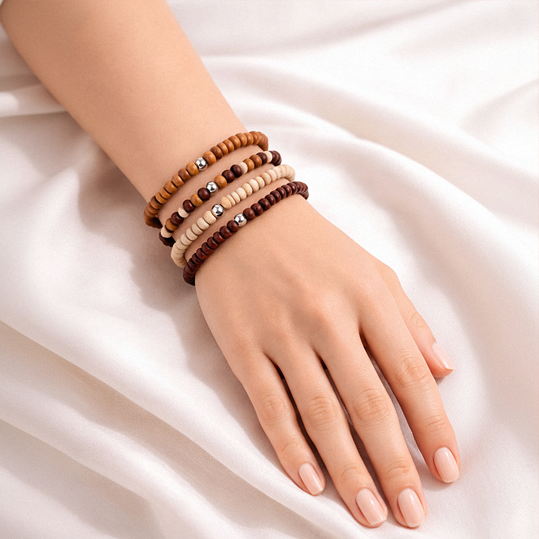 Avoirr Set of 4 Natural Wood Beaded Bracelets for Men & Women – 4mm Handmade Stretchable Wooden Beads in Natural, Tan & Maroon  – Unisex Fits (6–6.5 inch)