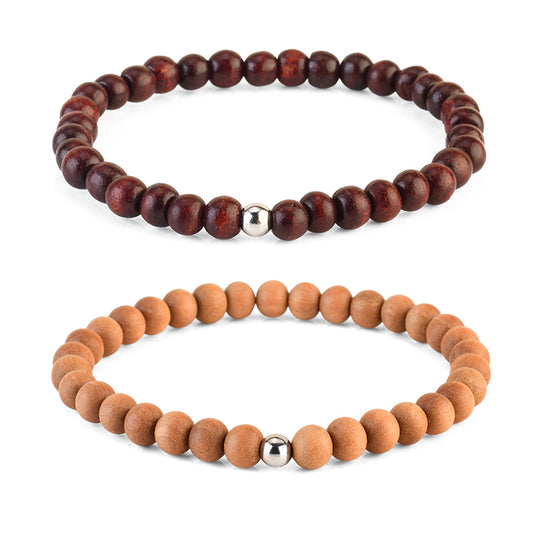 Avoirr White & Red Sandalwood Beaded Bracelets Set of 2 | 6mm Handmade Stretchable Meditation Wristband for Men & Women | Wooden Healing Bracelets 6.5-7 inch | Unisex Spiritual Jewelry