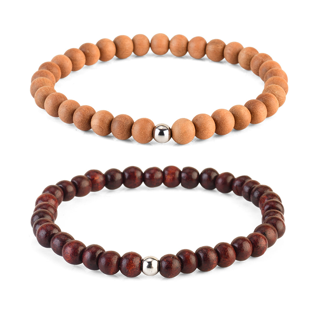 Avoirr White & Red Sandalwood Beaded Bracelets Set of 2 | 6mm Handmade Stretchable Meditation Wristband for Men & Women | Wooden Healing Bracelets 6.5-7 inch | Unisex Spiritual Jewelry