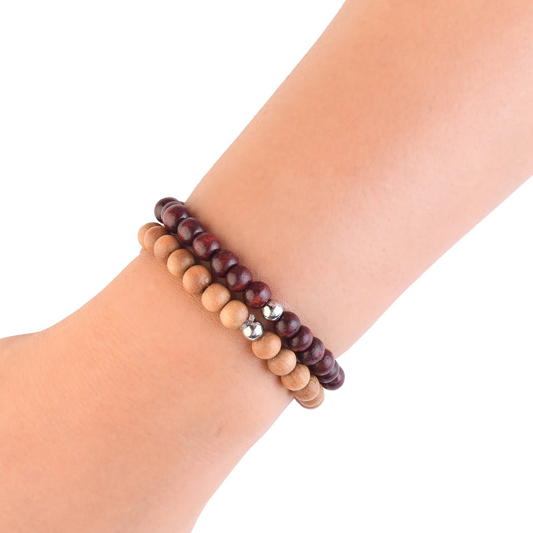 Avoirr White & Red Sandalwood Beaded Bracelets Set of 2 | 6mm Handmade Stretchable Meditation Wristband for Men & Women | Wooden Healing Bracelets 6.5-7 inch | Unisex Spiritual Jewelry