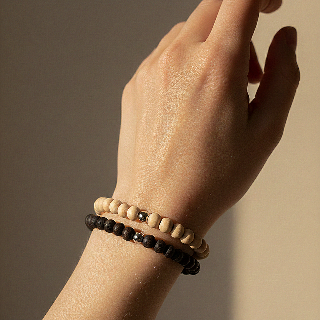 Avoirr Natural Wood & Ebonywood Beaded Bracelets Set of 2 – 6mm Handmade Stretch Bracelets for Men & Women, Yoga Meditation Energy Bracelets, Size 6.5–7 Inches Medium Wrist