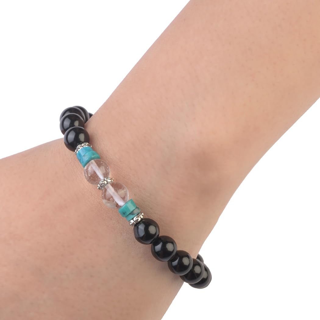 AVOIRR 8mm Black Obsidian, Clear Quartz & Turquoise Bracelet – Natural Healing Crystal Beads Jewelry for Men & Women, Handmade Stretch Bracelet, 6.25 Inches Fits Small Wrists