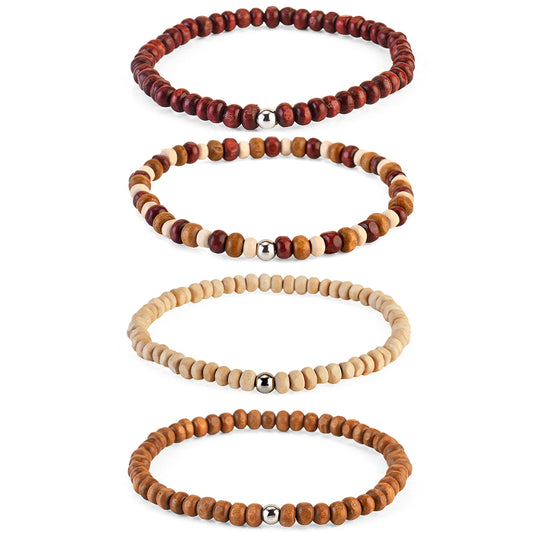 Avoirr Set of 4 Natural Wood Beaded Bracelets for Men & Women – 4mm Handmade Stretchable Wooden Beads in Natural, Tan & Maroon  – Unisex Fits (6–6.5 inch)